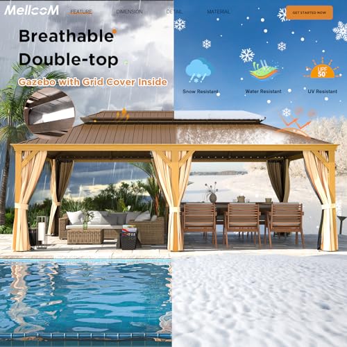 MELLCOM 12'x16' Hardtop Gazebo, Galvanized Steel Metal Double Roof Canopy with Curtains and Netting, Brown Permanent Pavilion Gazebos with Aluminum Frame for Garden, Patio, Lawns, Deck