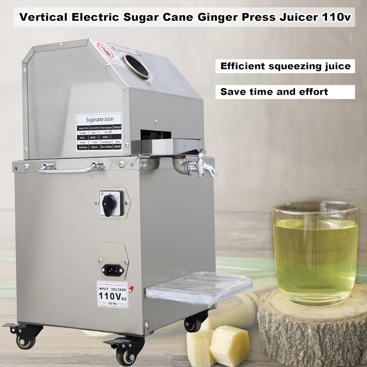 Sugar Cane Juicer Electric Sugarcane Press Vertical Sugar Cane Ginger Press Juicer Sugarcane Juice Extractor 3 Stainless Steel Rollers Juice Press Machine 300Kg/H with 2 Knives 110V
