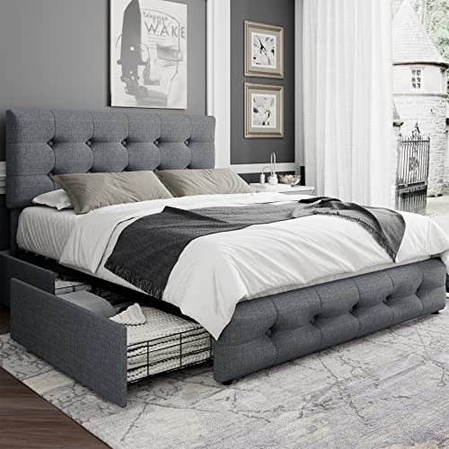 Queen Bed Frame with 4 Storage Drawers and Adjustable Headboard, Upholstered Platform Bed with Button Tufted Design, Strong Wooden Slats Support, No Box Spring Needed, Black