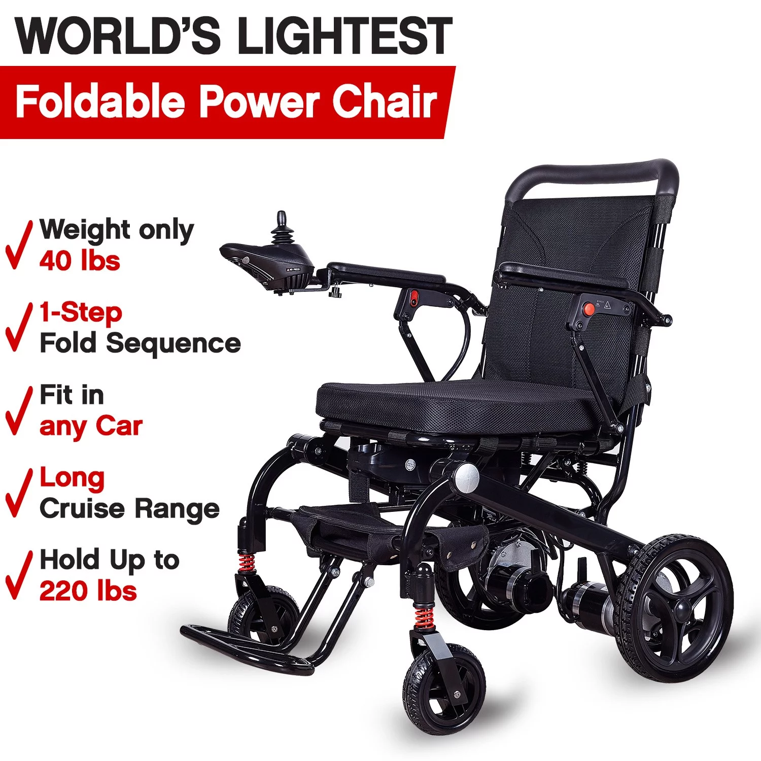 Lightweight (Net Weight 40lbs) Foldable Electric Wheelchair - Black