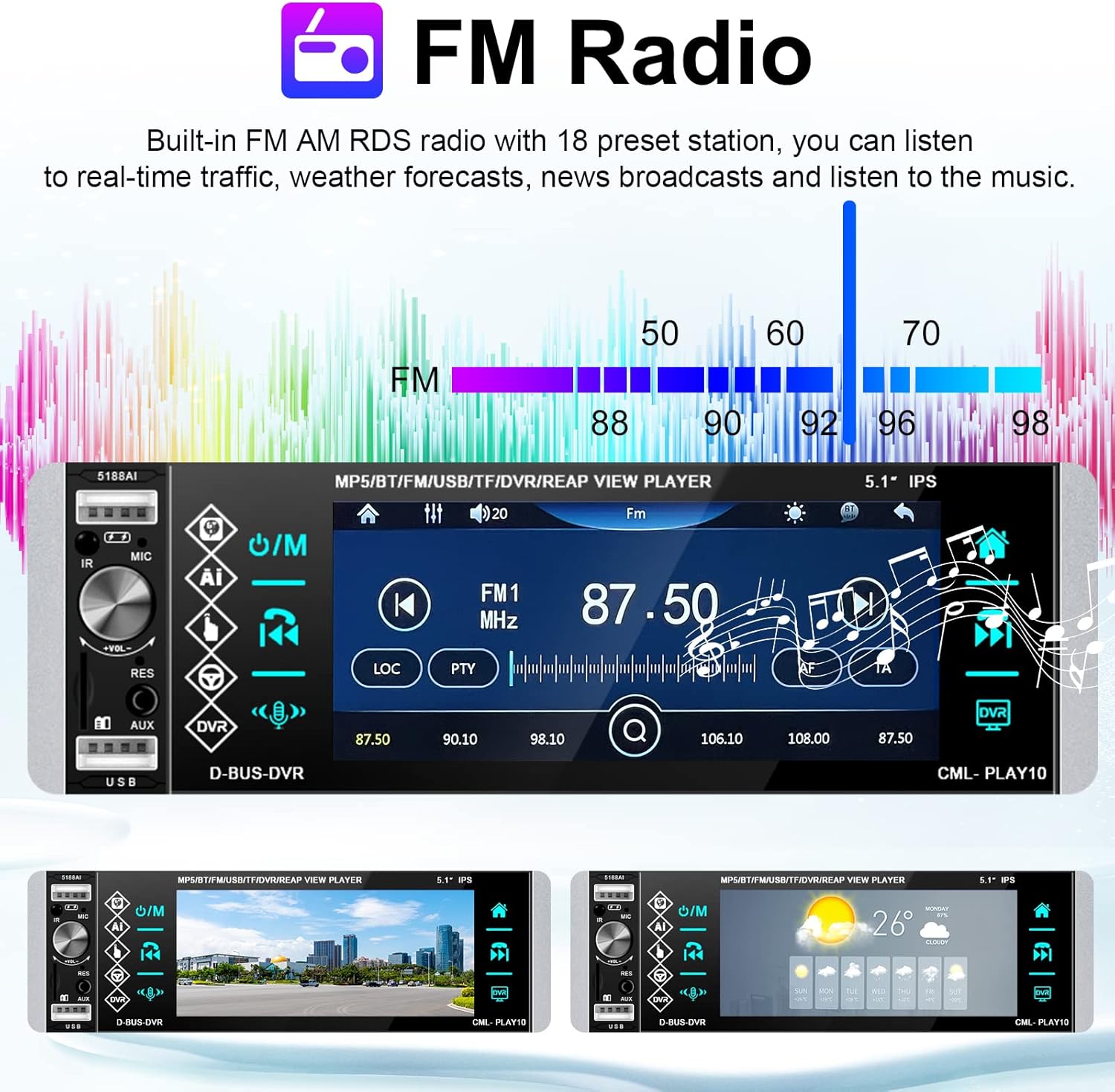 Single Din Car Stereo 5.1 Inch Touchscreen Radio with Bluetooth Voice Control Support DVR FM RDS AM Tuner, 1 Din Head Unit with USB/SD/Aux-in + Steering Wheel Control, Microphone and Backup Camera