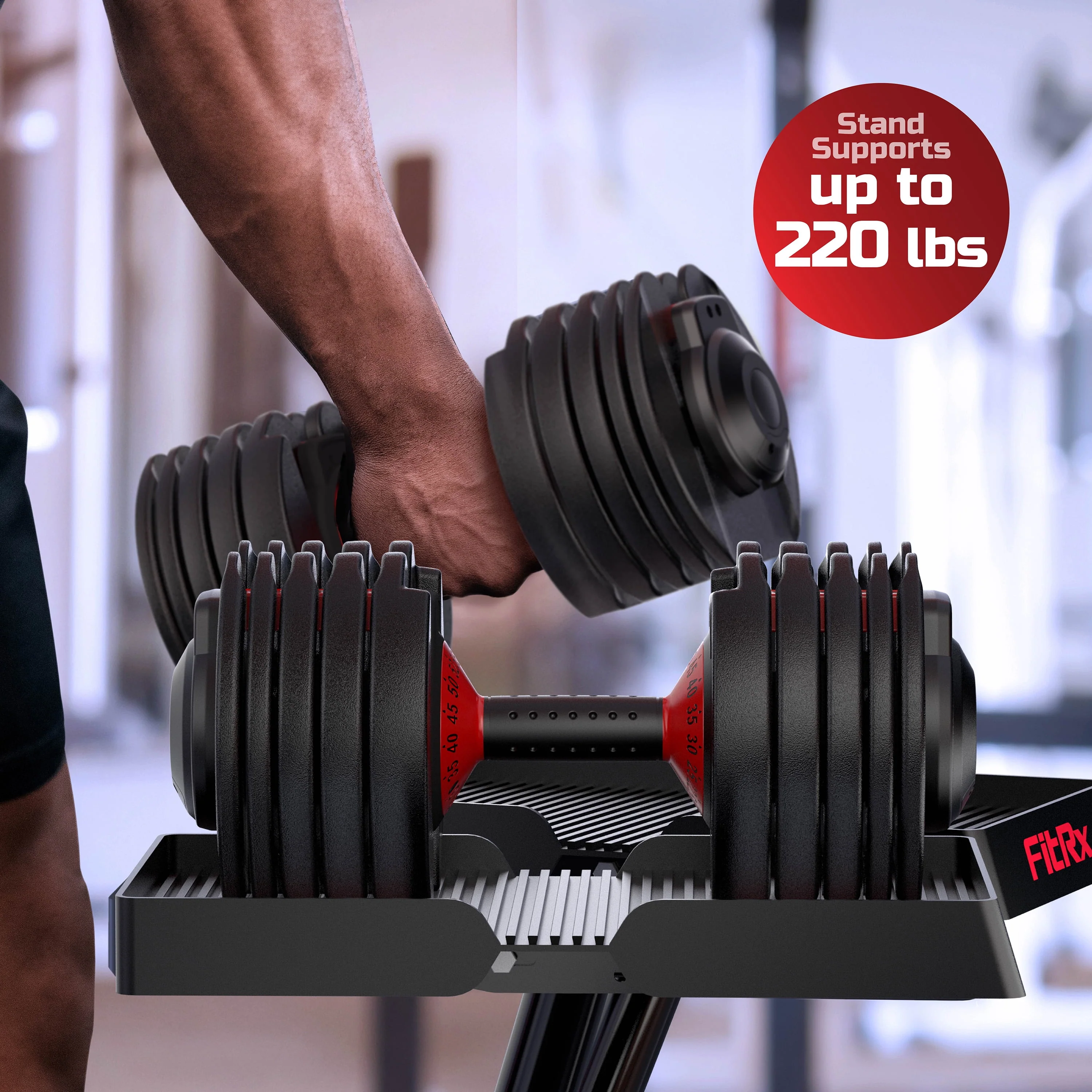 FitRx SmartBell, Quick-Select Adjustable Dumbbell, 5-52.5 lbs. Weight, Black, Single