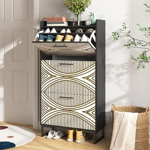 RUNFAYBIU Shoe Cabinet for Entryway Slim Shoe  Cabinet with Color Painted Pattern Shoe Rack Cabinet with 3 Flip Drawers  White Shoe Cabinet for Entryway (Walnut)
