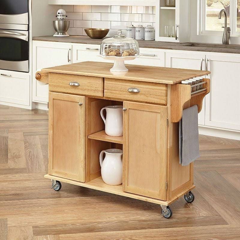 Natural Wood Finish Kitchen Island Cart with Locking Casters - 24 x 49.8 x 35.2 Inches - Brown
