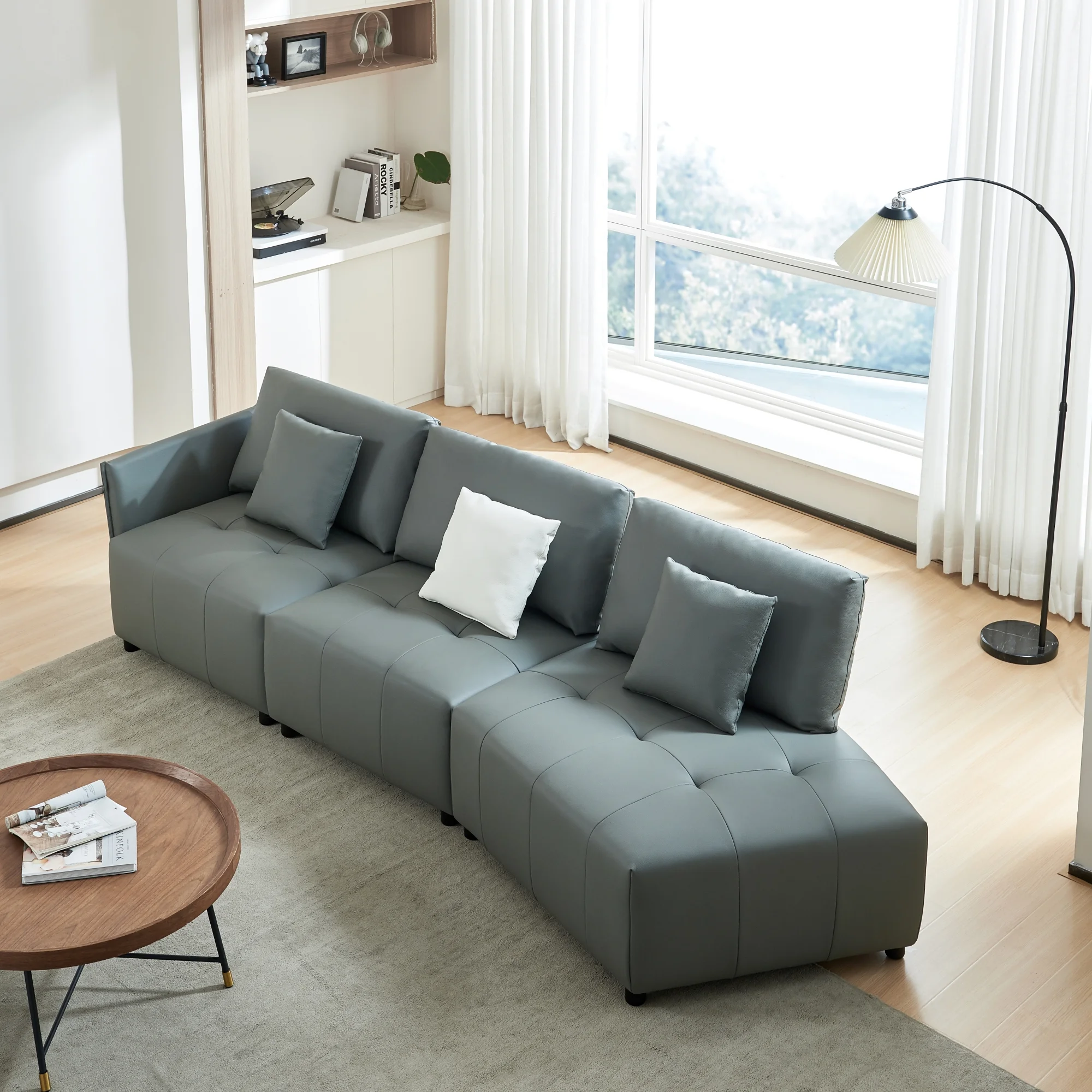 120'' Real Leather Sofa, Modern Modular Sectional Couch, Button Tufted Seat Cushion for Living room, Apartment & Office.(Dark Gray)