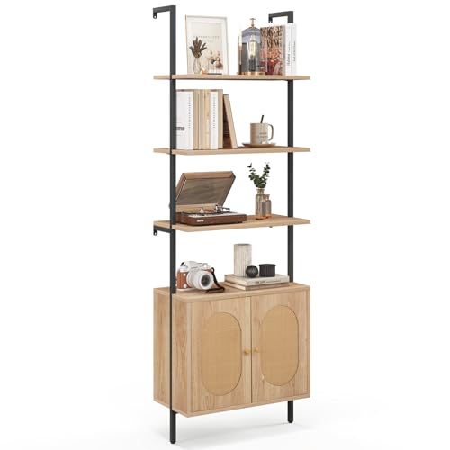 6-Tier Ladder Bookshelf with Cabinet, 71" Tall Wall Mount Shelf Bookcase w/Sturdy Metal Frame & Rattan Cabinet Bottom, Wall Storage Display Rack for Living Room, Bedroom & Home (1)