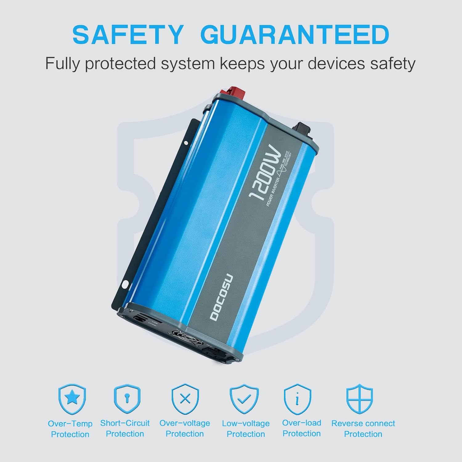 DOCOSU 1200W Power Inverter Pure Sine Wave 1200Watt Power Converter DC 12V to AC 110V Inverter Charger with LED Display 2.4A USB Port AC Outlet for Car Emergency RV Boat Vehicle Marine Auto