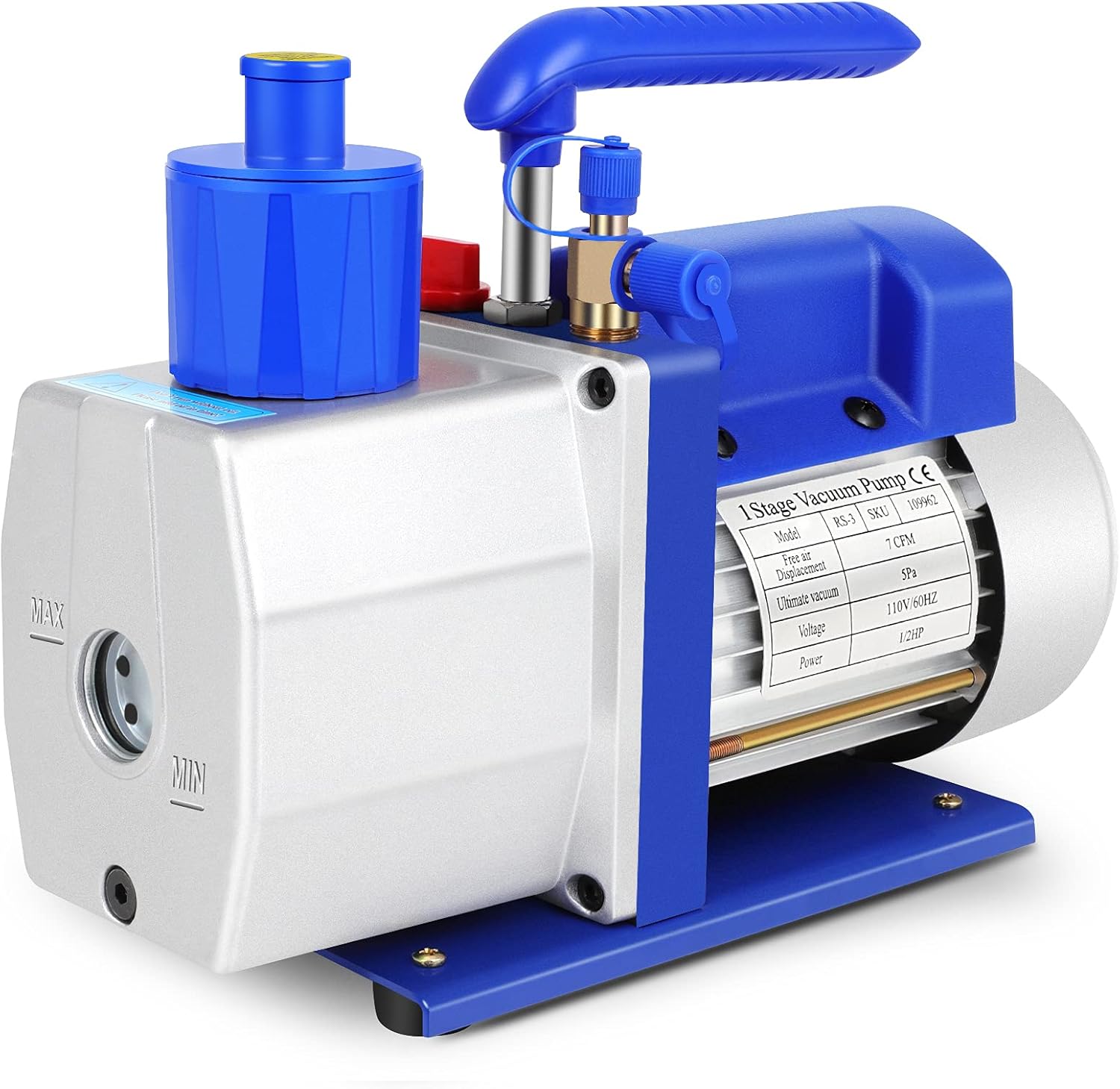 7 CFM Rotary Vane Vacuum Pump (7CFM,1/2HP,5 Pa,110V/60Hz,250ml Oil Capacity) for HVAC/Auto AC Refrigerant Recharging, Wine Degassing, Milking, Medical, Food Processing etc