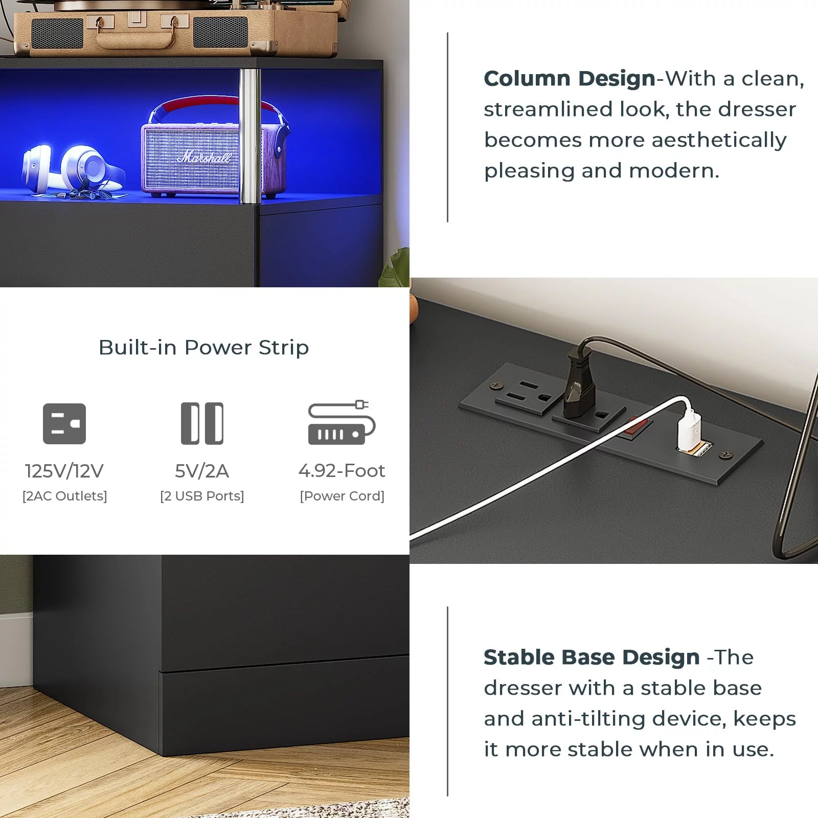 Mabor 4 Drawer Dresser for Bedroom with LED Lights&Charging Station, Modern Black Dresser Chest of Drawers for Living Room Closet