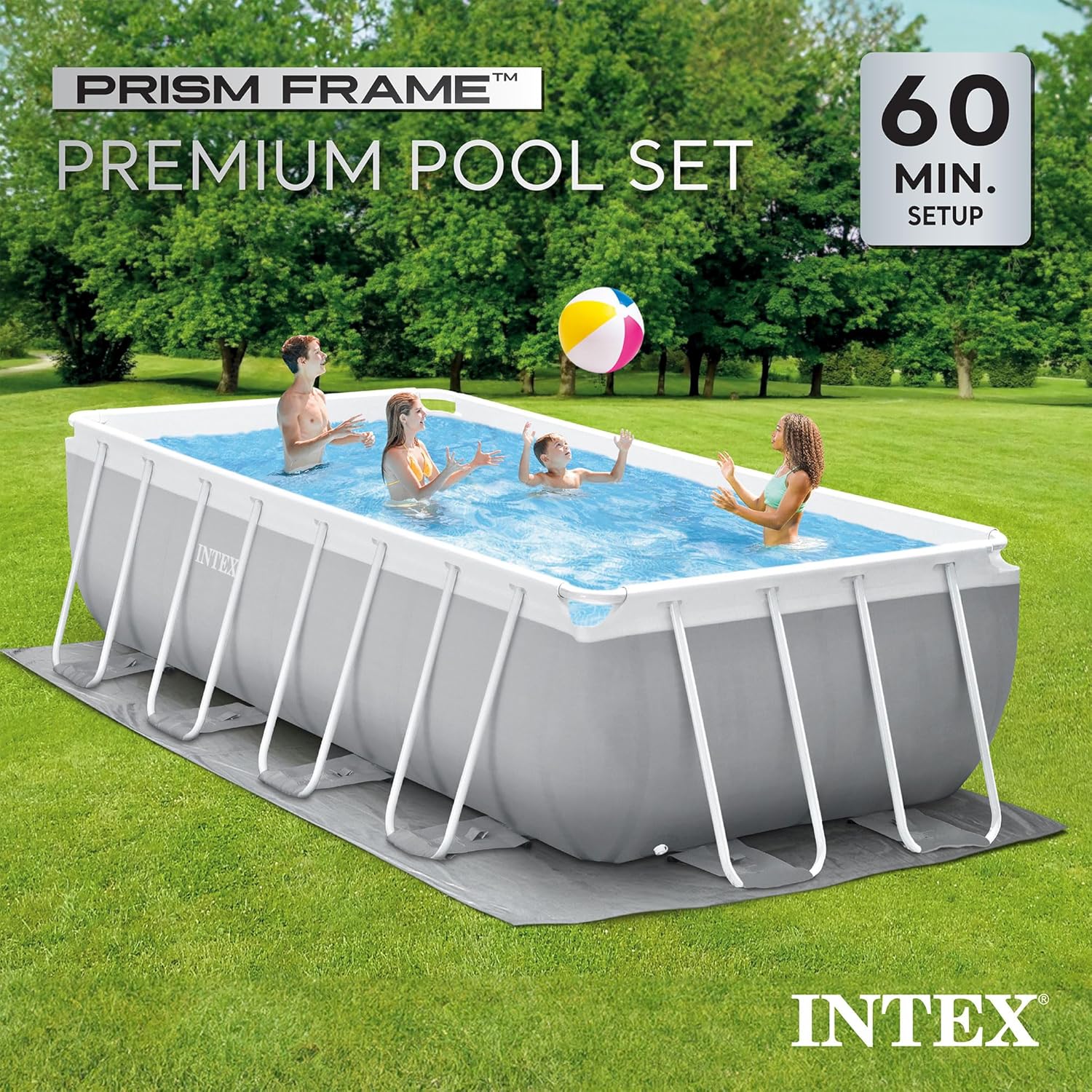 INTEX 26791EH Prism Frame Premium Rectangular above Ground Swimming Pool Set: 16ft x 8ft x 42in – includes 1000 GPH Cartridge Filter Pump – Removable Ladder – Pool Cover – Ground Cloth