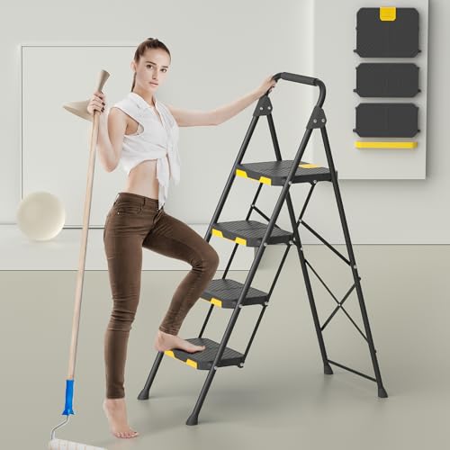 KINGRACK 5 Step Ladder with Tool Platform, Folding Step Stool with Handrails, Sturdy Steel Ladder with Wide Pedal, 800 LBS Portable Safety Ladder for Adults Painting Home Outdoor Garage