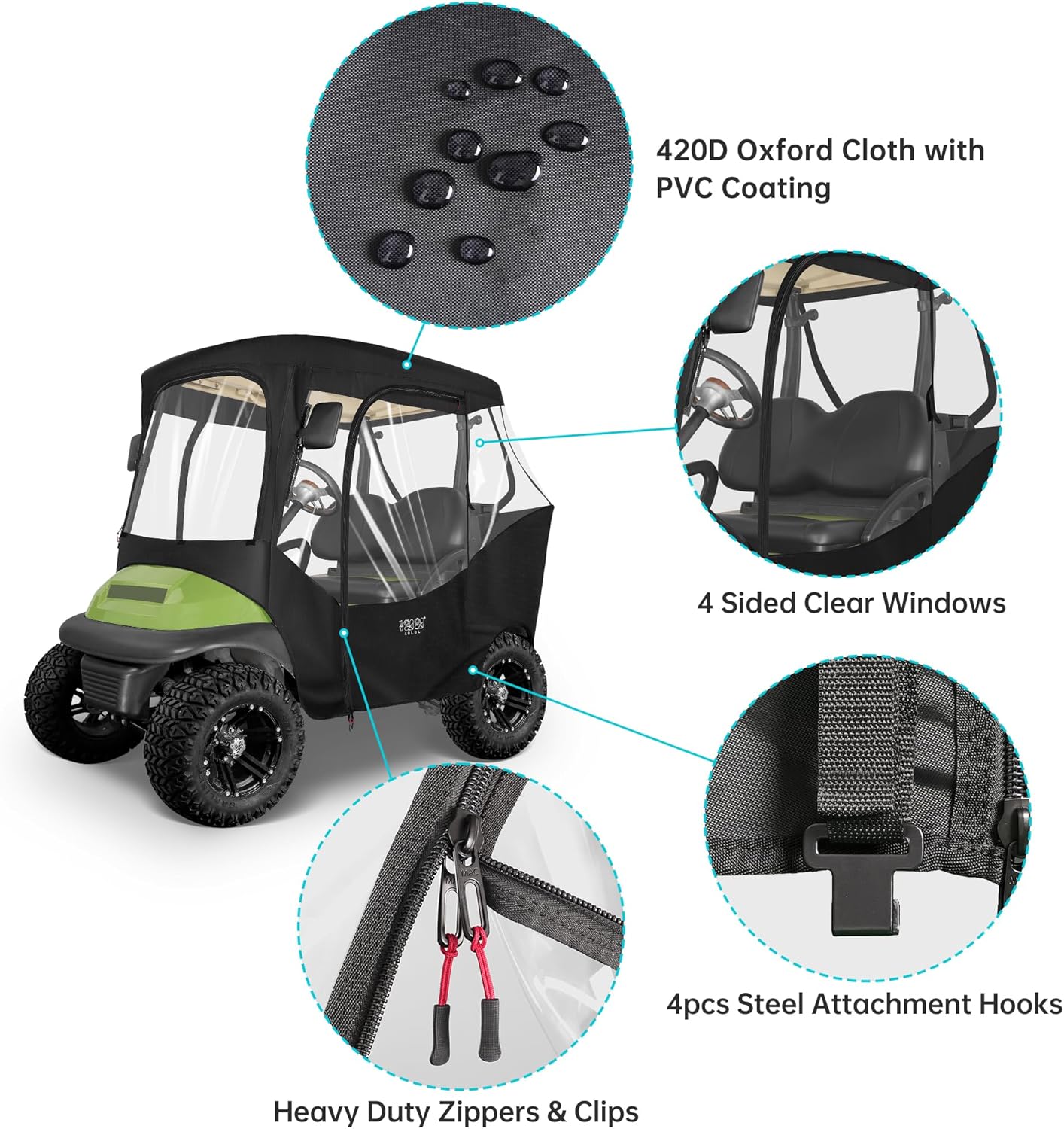 10L0L 2 Passenger Golf Cart Enclosures Cover for Club Car DS & Precedent, All Weather Windproof Waterproof Rain Cover, 4-Sided Clear Window & Roll-up Zipper Door - Black
