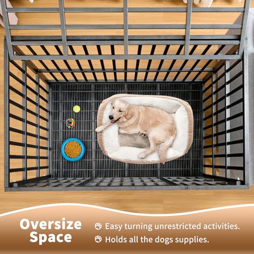 48 Inch Heavy Duty Indestructible Dog Crate Steel Escape Proof, Indoor Double Door High Anxiety Cage, Kennel with Wheels, Removable Tray, Extra Large XL XXL