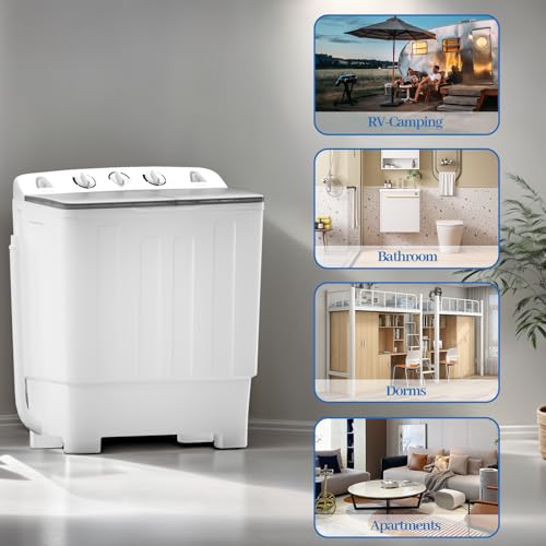 Portable Twin Tub 32lbs Washing Machine with Drying Rack&10 Hangers, 20lbs Washer Mini Compact Laundry Machine and 12lbs Spinner, Semi-automatic Washer Combo for Dorms, Apartment (32lbs)
