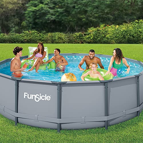 Funsicle 14' x 42" Oasis Designer Round Frame Above Ground Outdoor Swimming Pool Set with SkimmerPlus Filter Pump, Ladder, and Pool Cover, Gray