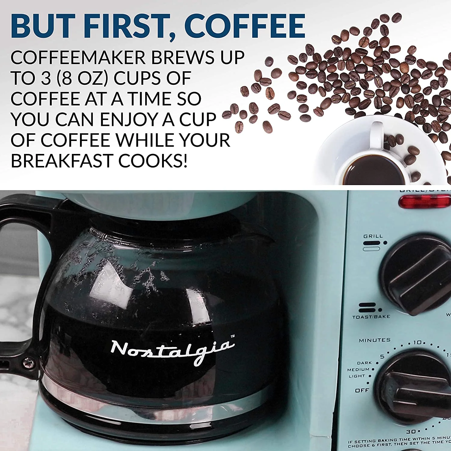 NOSTALGIA BSET300AQ Retro 3-in-1 Family Size Breakfast Station, Coffeemaker, Toaster Oven, Griddle, Aqua