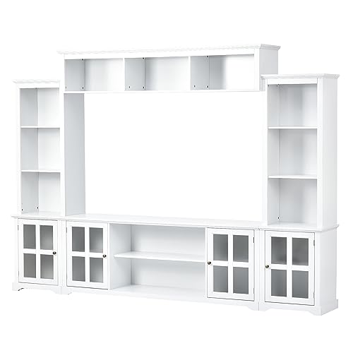 P PURLOVE Minimalism Style Entertainment Wall Unit for Living Room, TV Console Table for TVs Up to 70", Multifunctional TV Stand with Bookshelves and Tempered Glass Door, Entertainment Center, Black