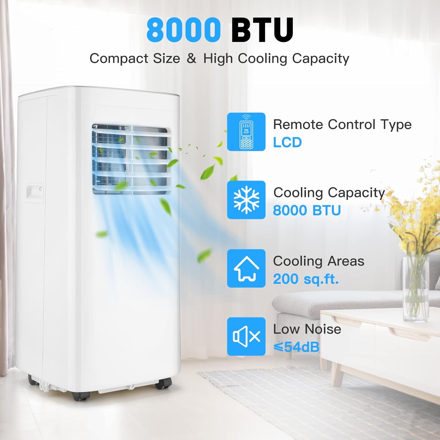 Portable Air Conditioners-8,000 BTU 3-in-1 Air Conditioner Portable with Dehumidifier and Fan Mode, Cools up to 200 square feet, Portable AC with Remote Control＆24 Hours Timer for Home, Office, Dorm.