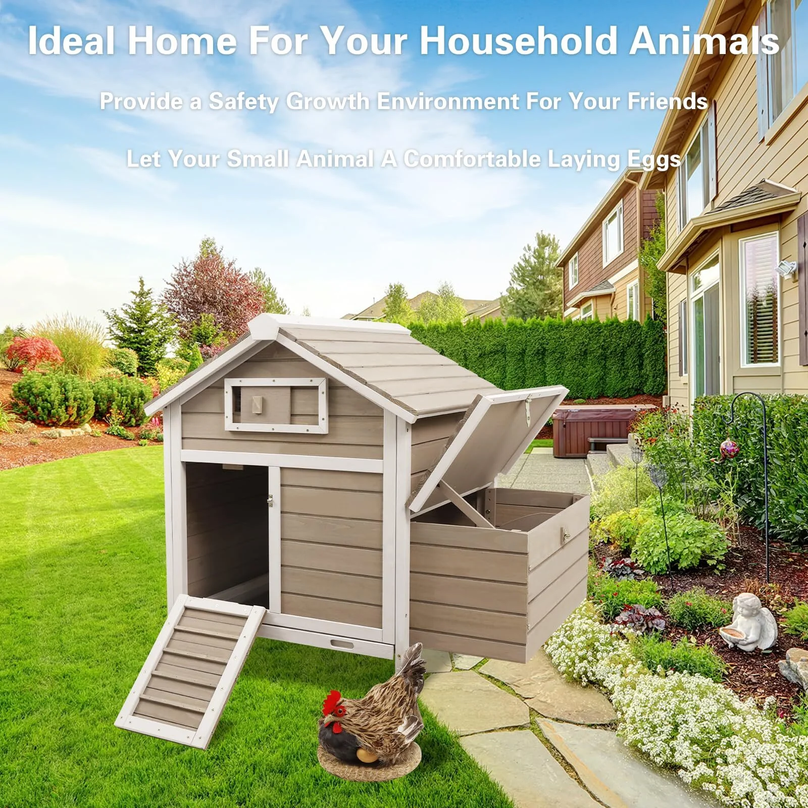 PETSCOSSET Chicken Coop Rabbit Hutch with Removable Trays,Raised Floor Hen House with Nesting Box,Wooden Outdoor Poultry Cage Pet House with Ramp Run Hen Cage for Garden Backyard,Grey