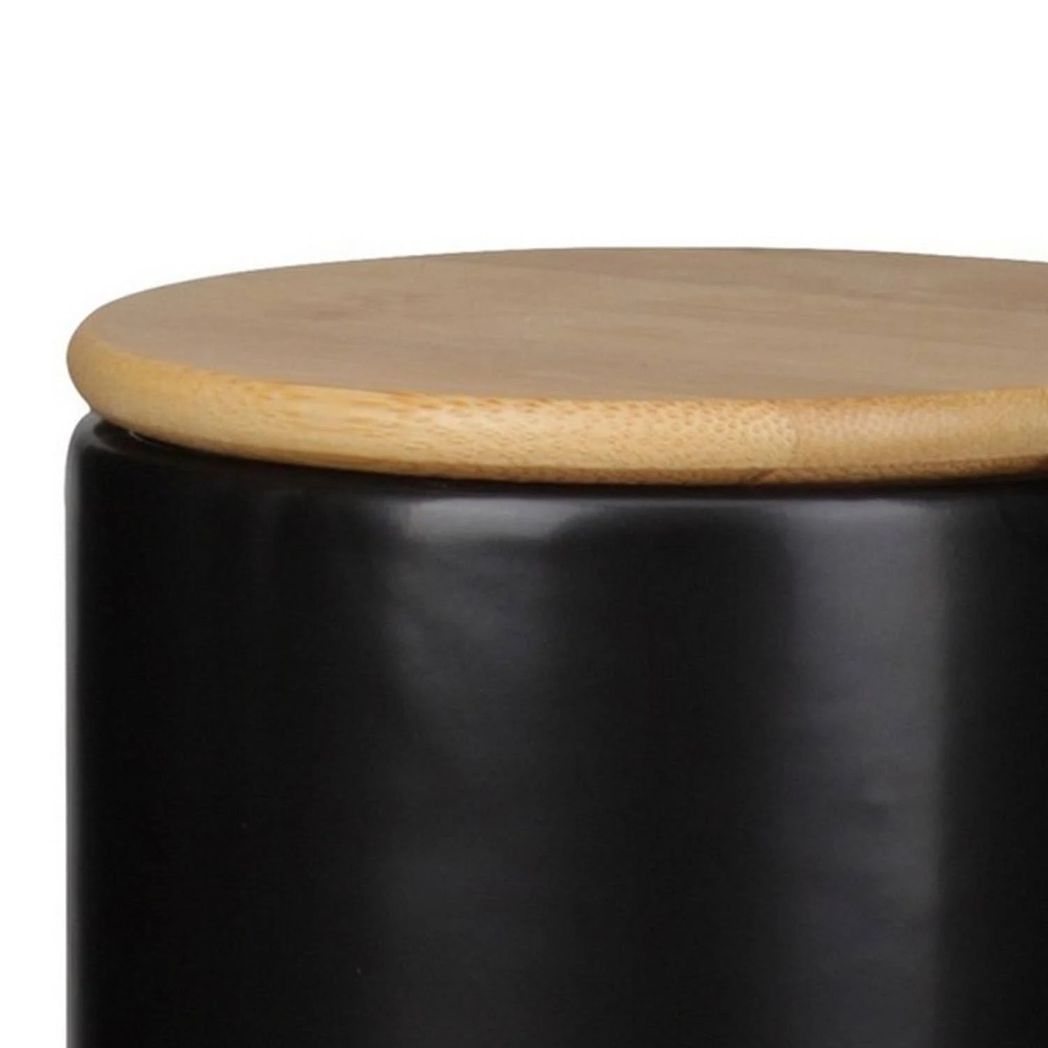 Benjara Bm219169 Dual Tone Round Ceramic Canister with Wooden Lid, Set of 2, Black and Brown