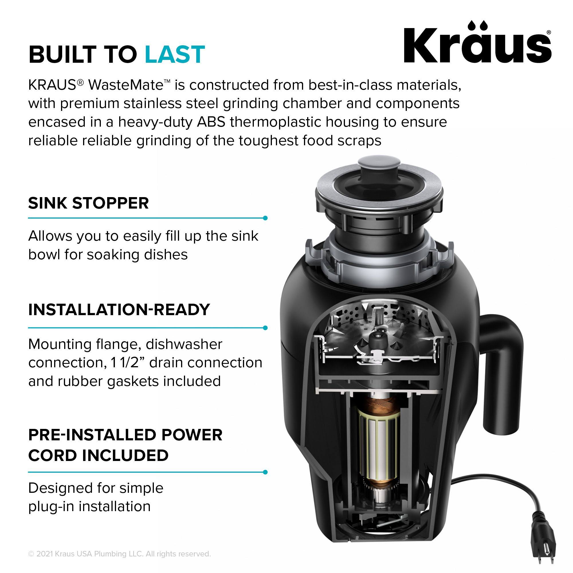 Kraus KWD100-75MBL WasteMate Continuous Feed Garbage Disposal with 0.75 HP Ultra-Quiet Motor for Kitchen Sinks