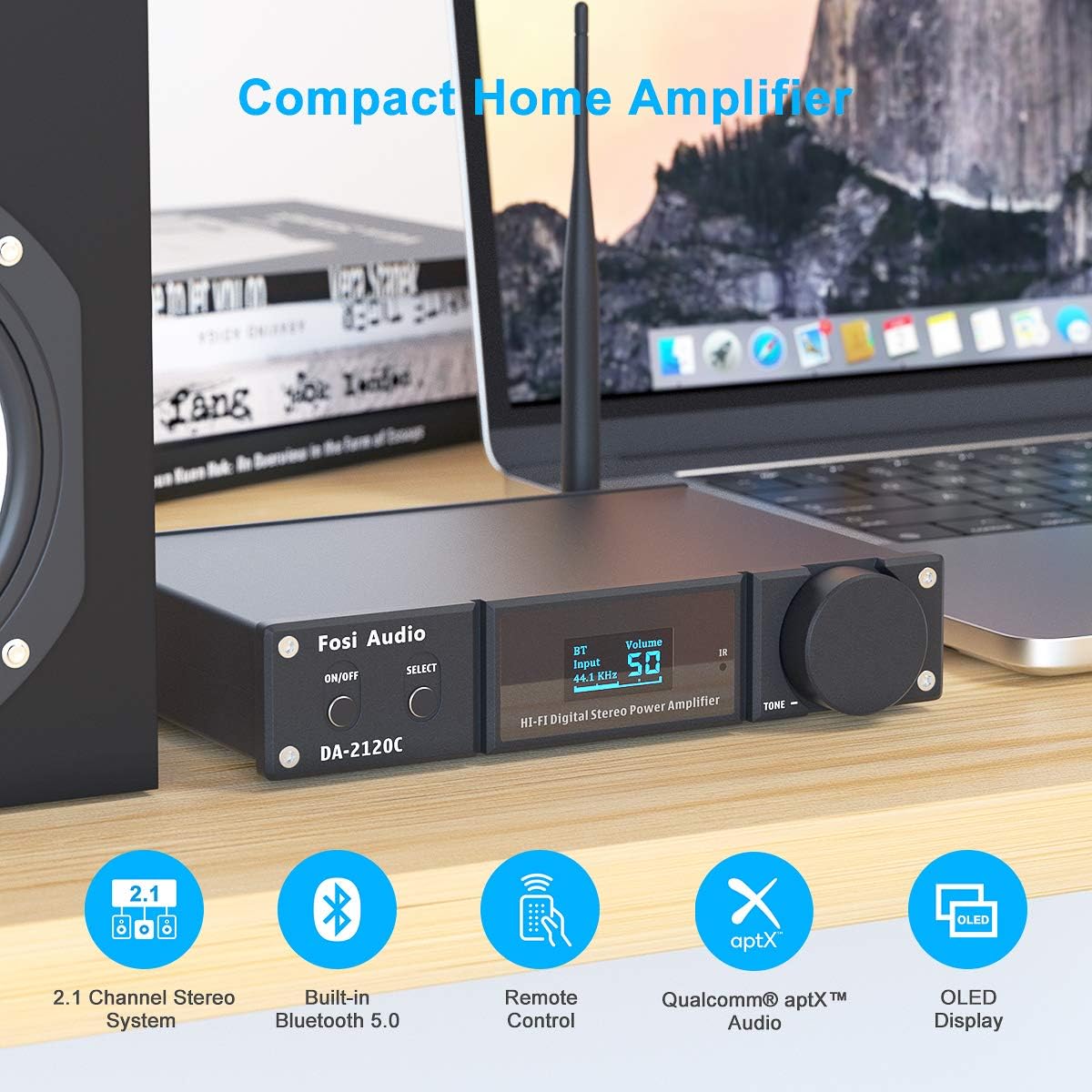 Fosi Audio DA2120C Bluetooth 5.0 Amplifier 240W Stereo Hi-Fi 2.1 Channel Stream aptX 24Bit 192kHz Class D Compact Mini Power Amp Integrated USB DAC Coaxial Optical Support Subwoofer Remote