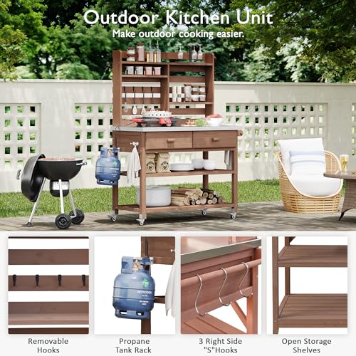 Outdoor Wooden Potting Bench Table – Farmhouse Garden Workstation with Drawers, Cabinet & Storage Shelves, Large Fir Wood Work Table for Patio, Backyard, Mudroom, Greenhouse (Light Brown, 66''H)
