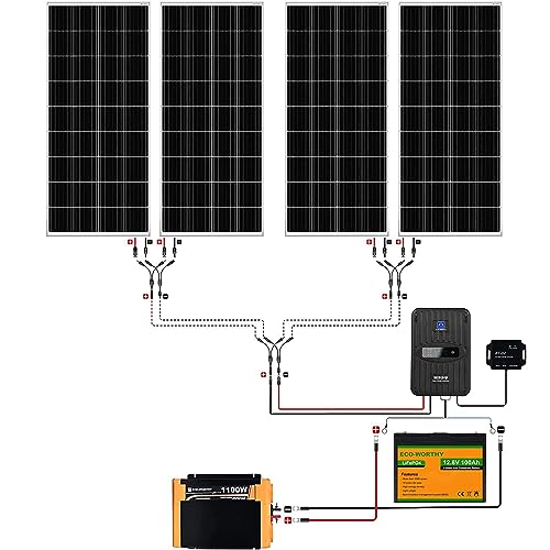 ECO-WORTHY 1.6KWH Complete Solar Panel Kit 400W 12V for RV Off Grid: 400W Solar Panels + 40A MPPT Charge Controller +12V 100Ah Lithium Battery + 1100W Solar Power Inverter + Bluetooth Module