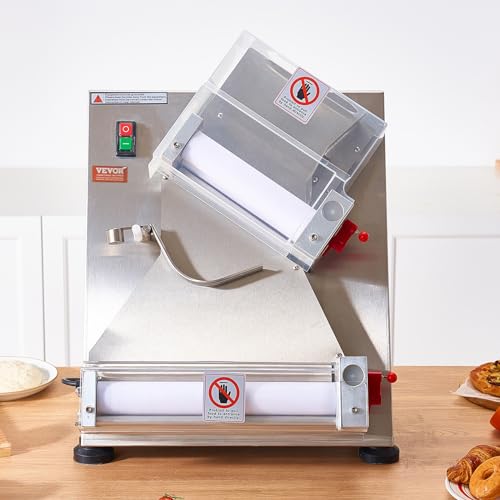 VEVOR Pizza Dough Roller Sheeter, 3-15 Inch Automatic Commercial Pizza Press, 390W Electric 260 Per Hour Dough Roller, Stainless Steel Adjustable Thickness Dough Machine, for Pasta Maker Equipment