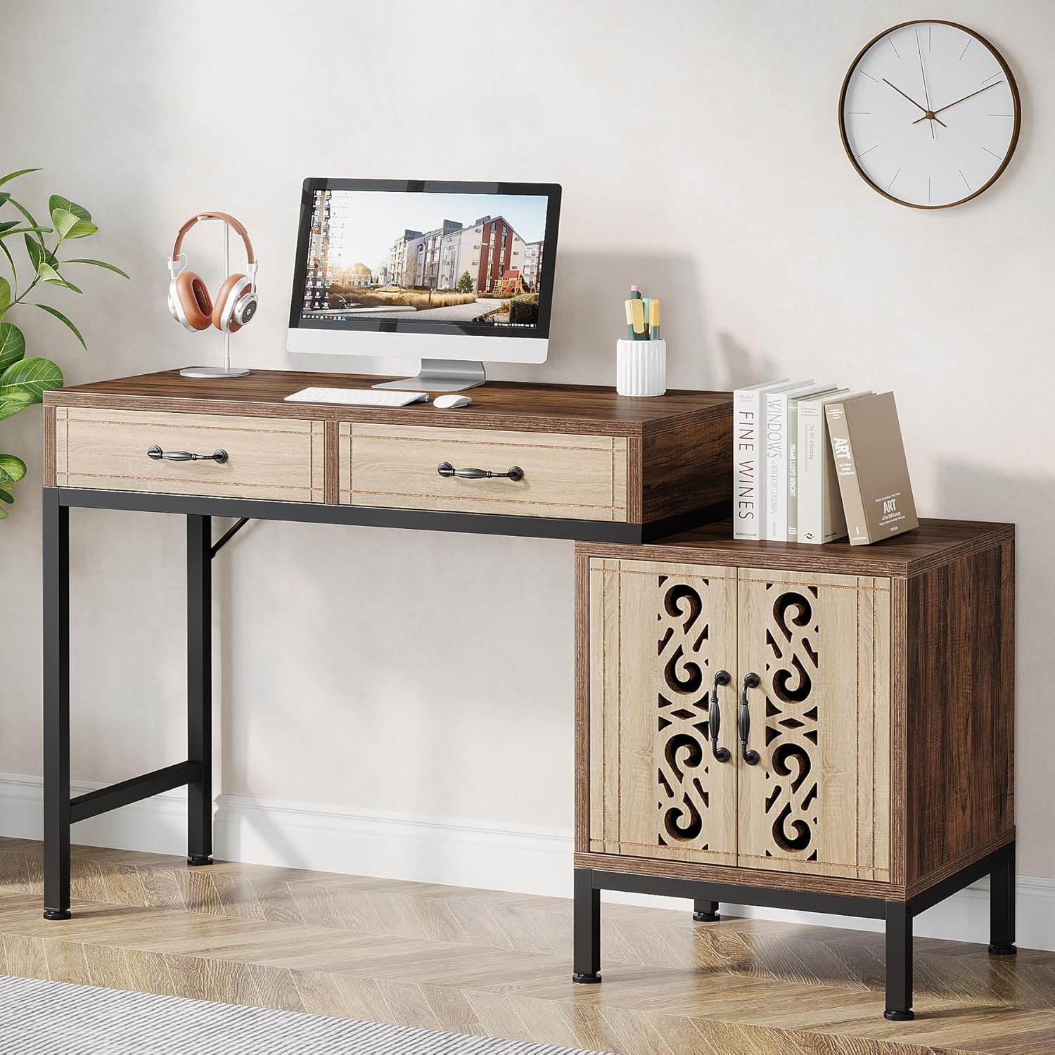 Tribesigns 55-Inch Computer Desk with Drawers, Home Office Desk with Storage Cabinet and Printer Space, Reversible Computer Desk Workstation for Home Office, Bedroom, Brown