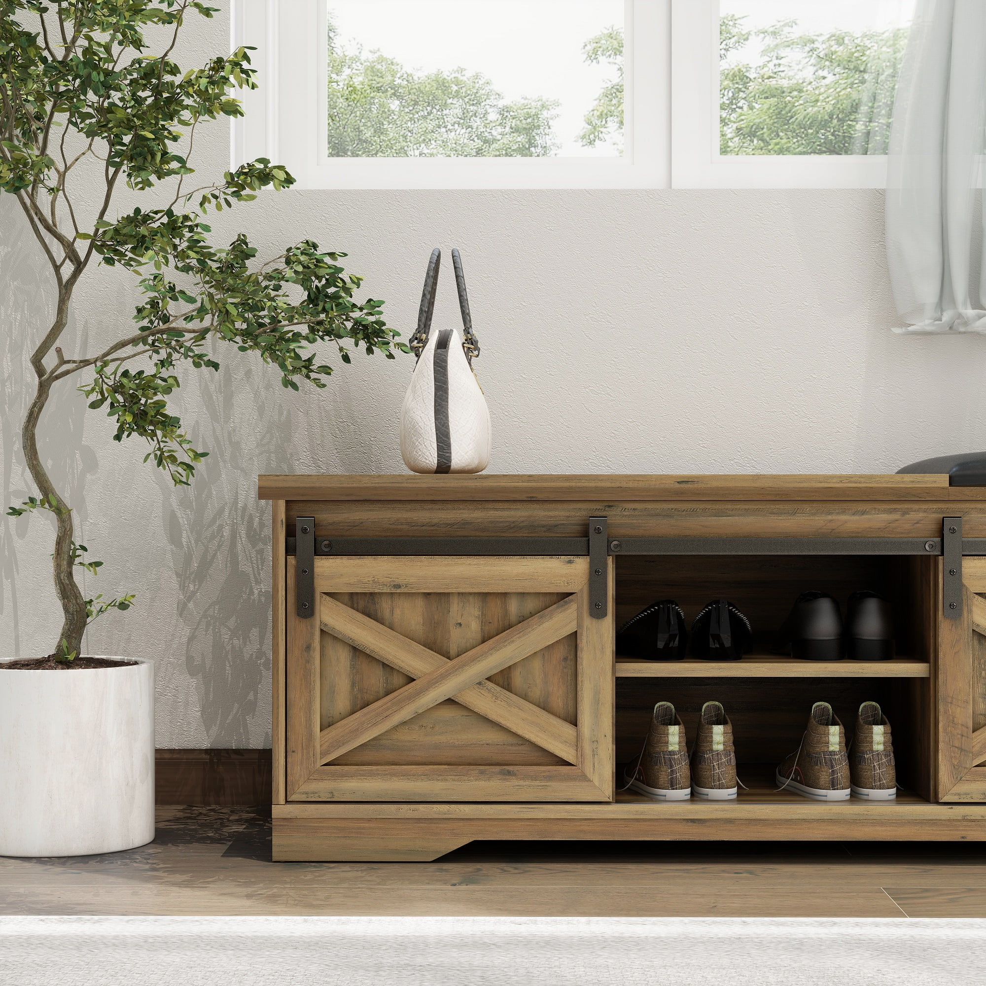 Shoe Bench Entryway with Storage & Cushion, Farmhouse Entryway Bench with Shoe Storage Brown, Bench Shoe Storage with Doors, Shoe Storage with Bench for Entryway, Entry Bench Seat with Storage