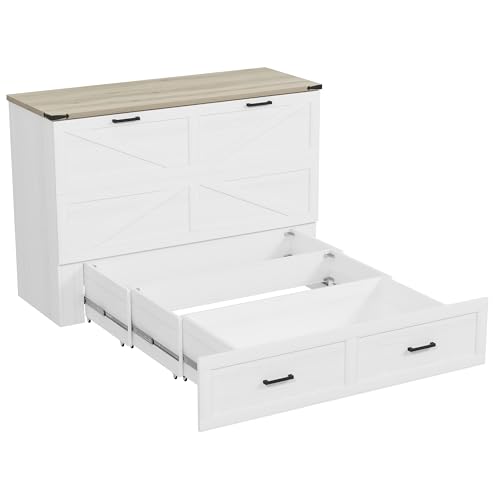 Wooden Murphy Cabinet Bed Frame with Charging Station, Full-Size Foldable Wall Bed with Large Storage Drawer for Home Apartment Limited Living Places, Space-Saving Hidden Bed No Box Spring Needed
