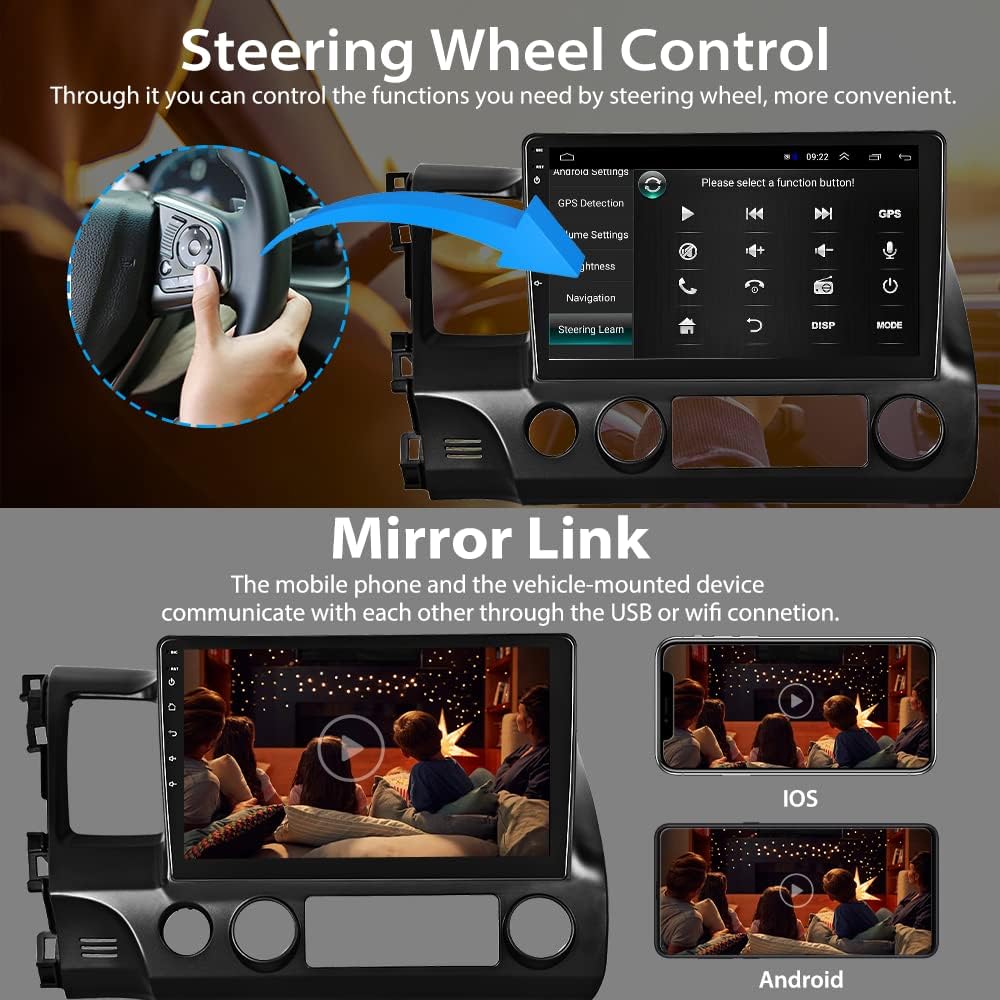 for Honda Civic Car Stereo 10.1 Inch Android Head Unit for Civic 2006-2011 Touch Screen Car Radio with Navigation Bluetooth FM WiFi USB SWC+Backup Camera