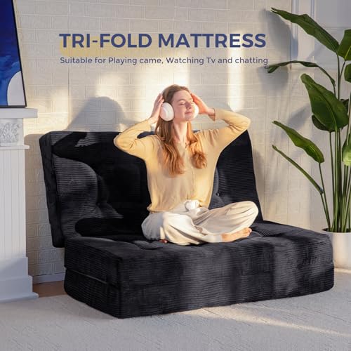 MAXYOYO Tri-Fold Mattress, 6 Inch Tufted Folding Mattress Full Foam Bed, Foldable Floor Mattress Guest Bed Mattress Topper Portable Camping Sleeping Bed with Corded Fabric, Black, 53"x75"