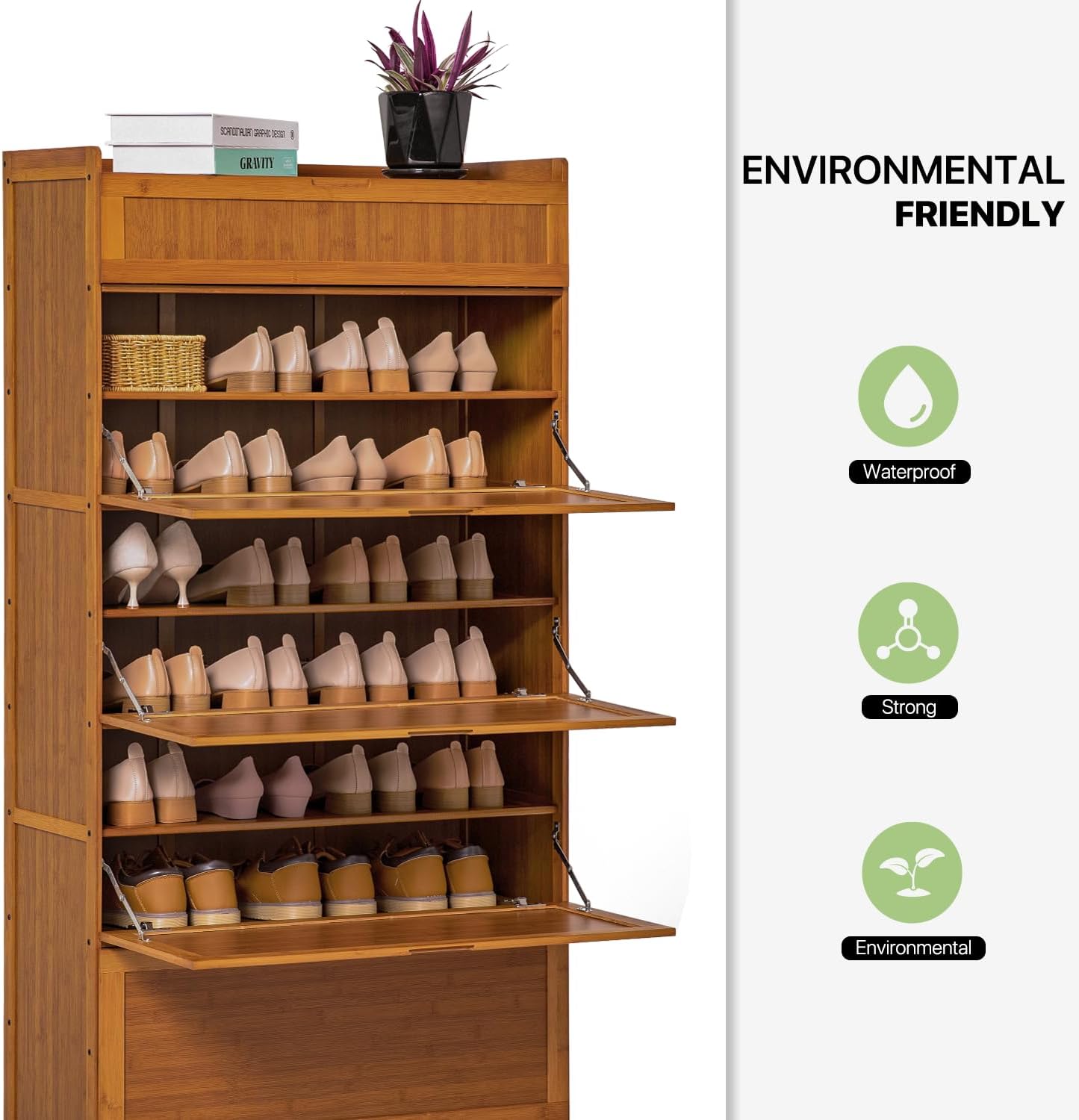 Magshion Bamboo Shoe Organizer Modern Cabinet with Pull-Down Door, 9-Tier Freestanding Shoe Storage for Entryway, Freestanding Shoe Cabinet Organizer for Convenient Shoe Organization (Brown)
