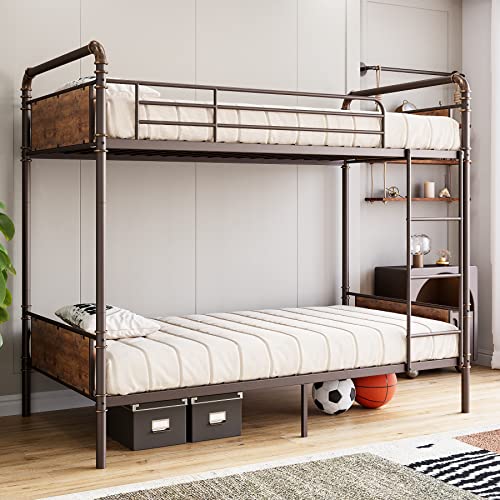 IDEALHOUSE Metal Bunk Bed Twin Over Twin, Twin Bunk Beds, Heavy Duty Twin Size Metal Bunk Bed with High Guardrail & Ladders, Convertible Bunk Beds for Kids Adults, No Box Spring Needed