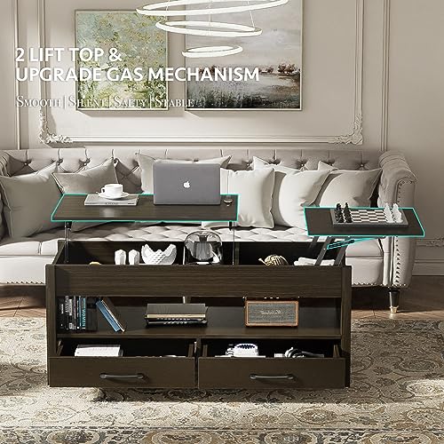 Lift Top Coffee Table for Living Room with Hidden Storage Compartment 2 Lift Tabletops Drawers and Shelf Modern Farmhouse Center Table, 47.2" Wood Rising Coffee Table, 475LBS Max Weight, Black