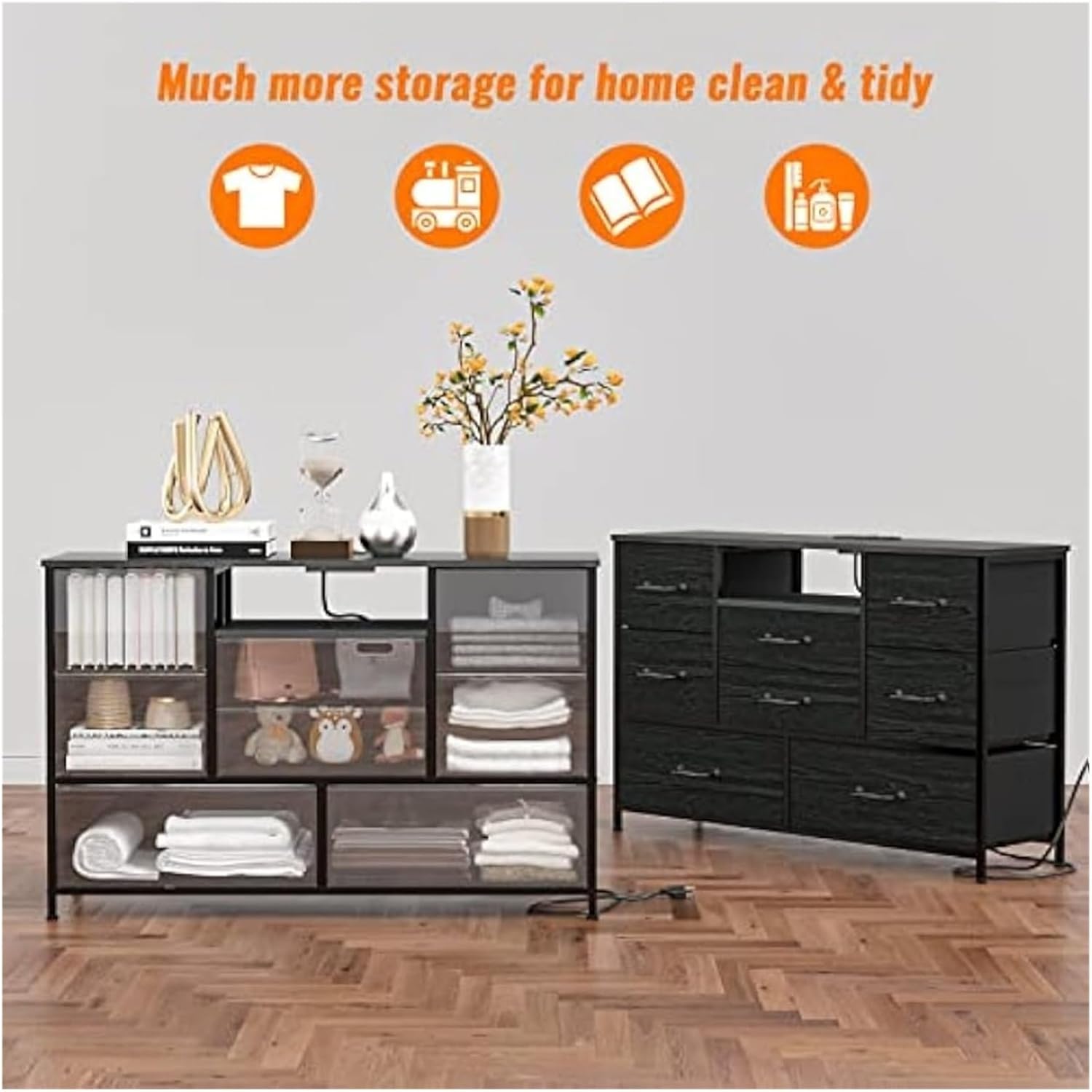Dresser TV Stand with Power Outlet for 55'' Long TV, Entertainment Center with 8 Deep Drawers,Wide Chest of Drawer,Entertainment Center, Black, aa-00