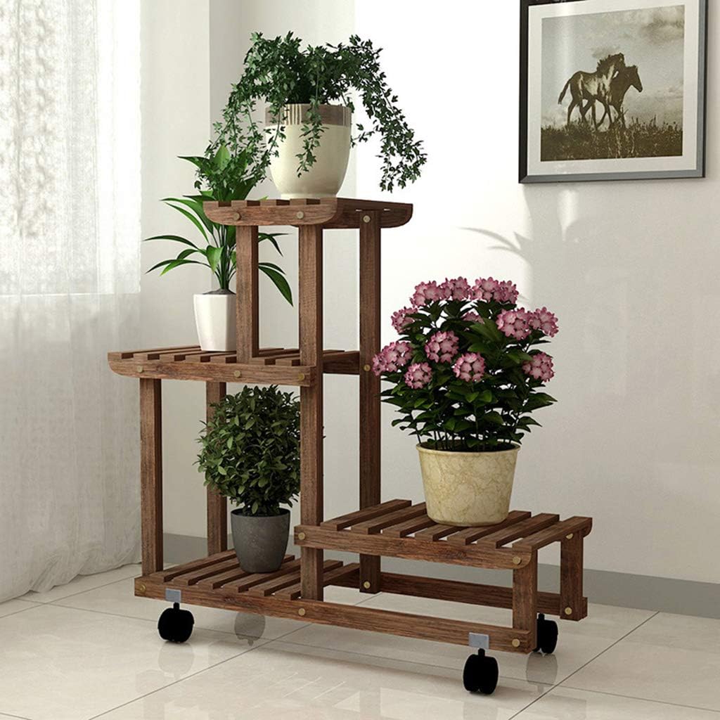 Potted Rack Plant Floor Stand Flower Pot Holder Bonsai Display Shelf Storage Shelves Multi-Layer Wooden with Wheels Portable Indoor Decoration for Garden Balcony