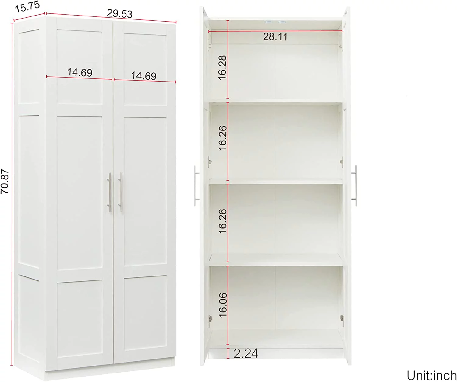 71" H Pantry Wood Storage Cabinet with 3 Adjustable Shelves 2 Doors for Bedroom Kitchen