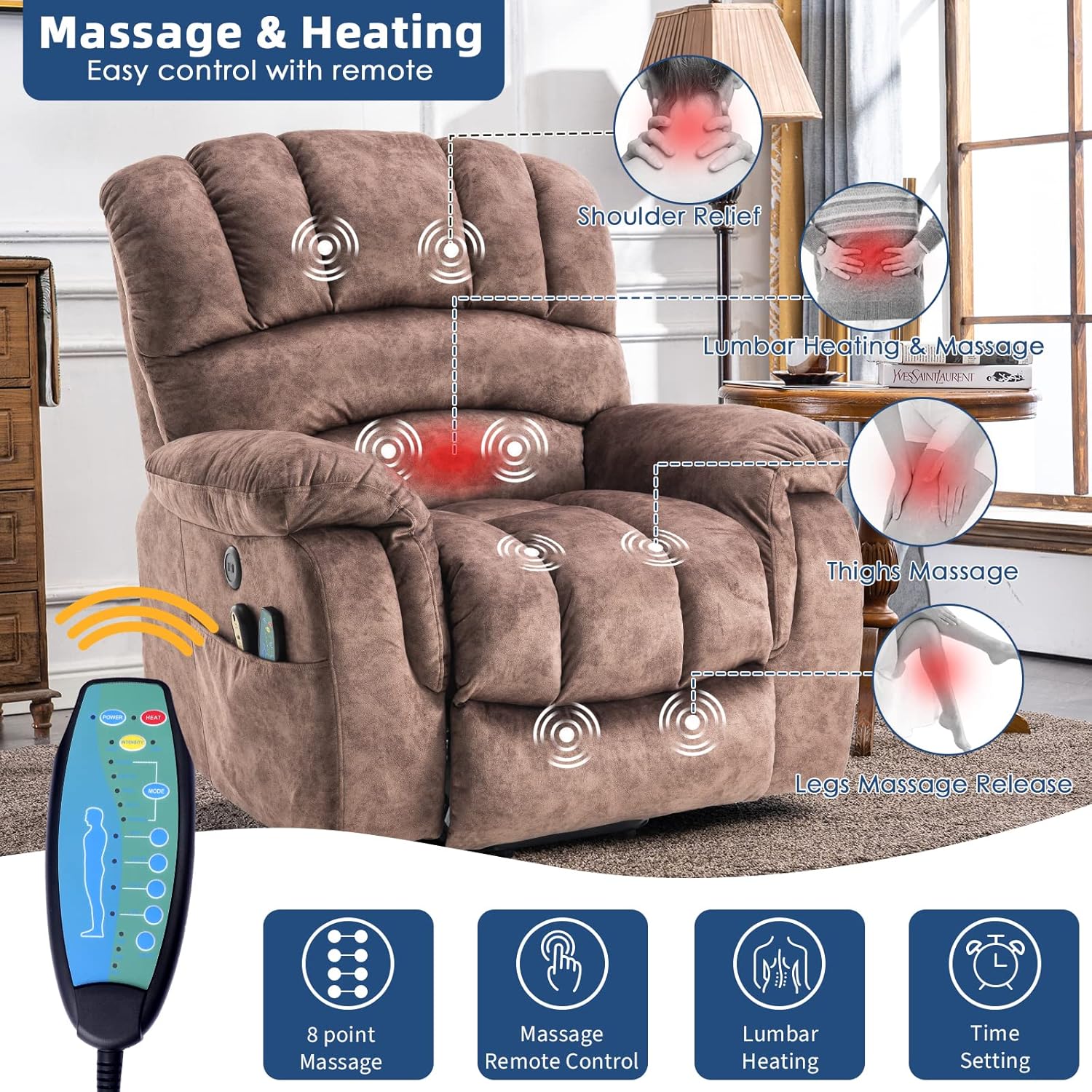 Large Electric Power Lift Recliner Chair for Elderly Big People, Heated Massage Motorized Reclining Sofa, Wide Soft Fabric Recliners with 2 Remote Controls, Side Pockets & USB Ports, Brown
