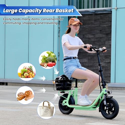 Caroma Peak 800W/1200W Electric Scooter Adults, 30 Miles Max Range, Foldable Electric Scooter with Seat, Front Suspension, Detachable Large Basket,Commuter E-Scooter for Adult and Teens