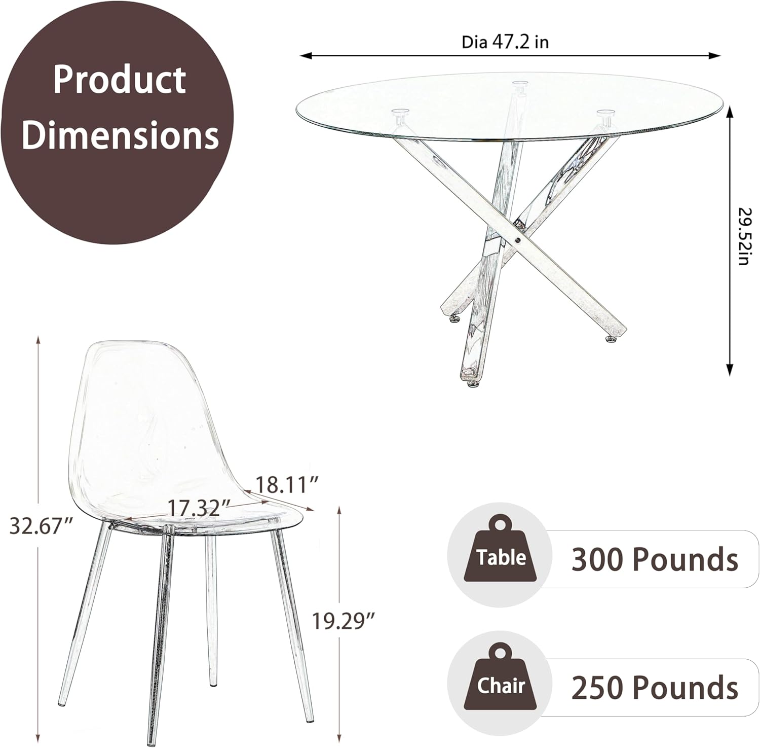 Baysitone Round Glass Dining Table Set for 4, 47'' Circle Dining Table Set, Durable Glass Dining Room Table Set with 4 Clear Acrylic Chair, Kitchen Table Chairs Set with Square Base for Home