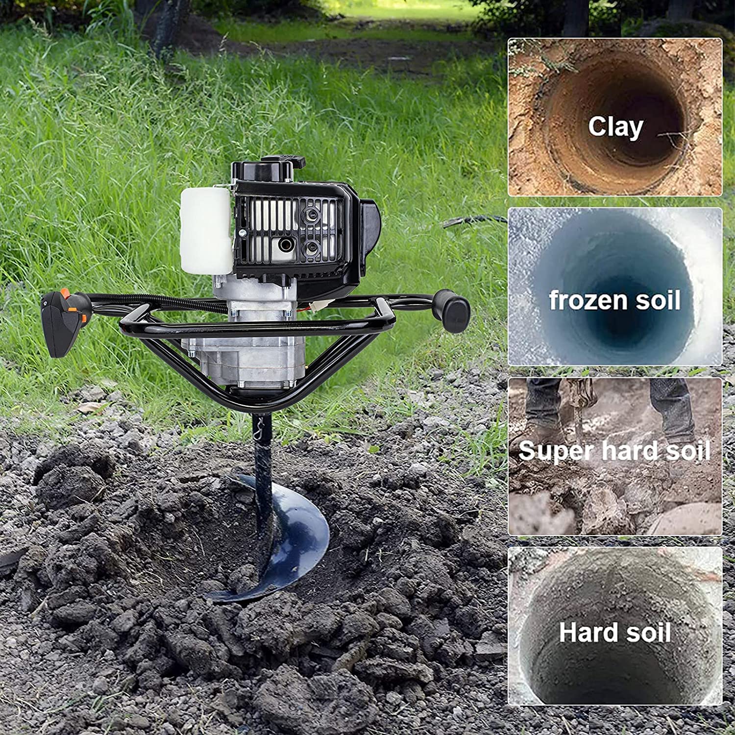 DC HOUSE Post Hole Digger, 52cc 1800W Gas Powered Earth Auger, Auger Post Hole Digger with 3 Drill Bit 4" 6" 8" and 3 Extension Rods 8" 12" 20", for Fence, Farmland and Garden, EPA Certified
