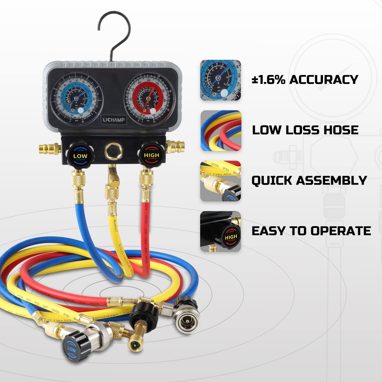 Lichamp R134A AC Gauge Set, Diagnostic Manifold Gauge Compatible with R134A R12 R22 R502 Refrigerants, Works on Freon Charging and Evacuation Pack of 2
