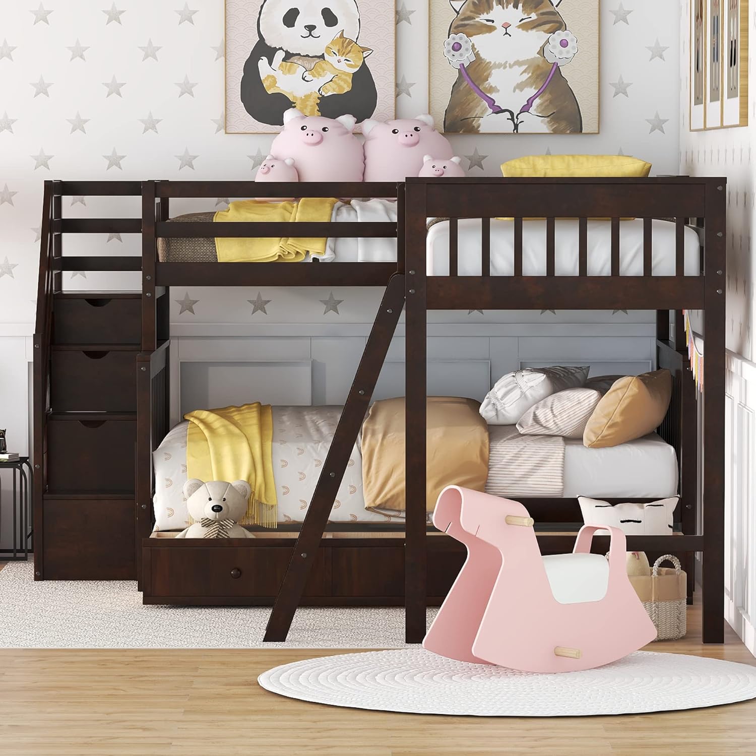 Bellemave L-Shape Triple Bunk Beds with Stairs and Storage Drawers Twin Over Full Bunk Bed Attached a Loft Bed with Drawers Wood Corner Bunked for 3 Kids Boys Girls Teens, Espresso