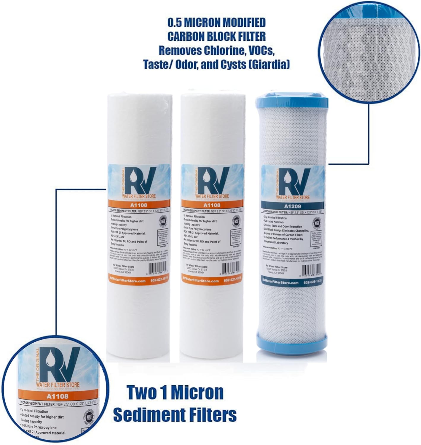RV Water Filter Store Essential RV Water Filter System with Universal Blue Cage Mounting Bracket and Brass Hose Fittings + Warranty