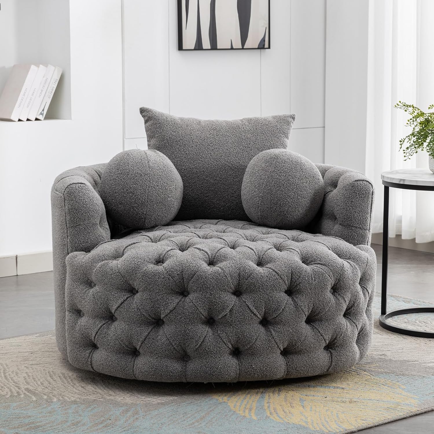 42.9" Oversized Swivel Accent Barrel Chair Chenille Tufted Upholstered Sofachair W/3 Pillows, Comfy Leisure Lounge Club Round Armchair Cozy Sofa & Chair for Home Apartment Office Hotel Living Room