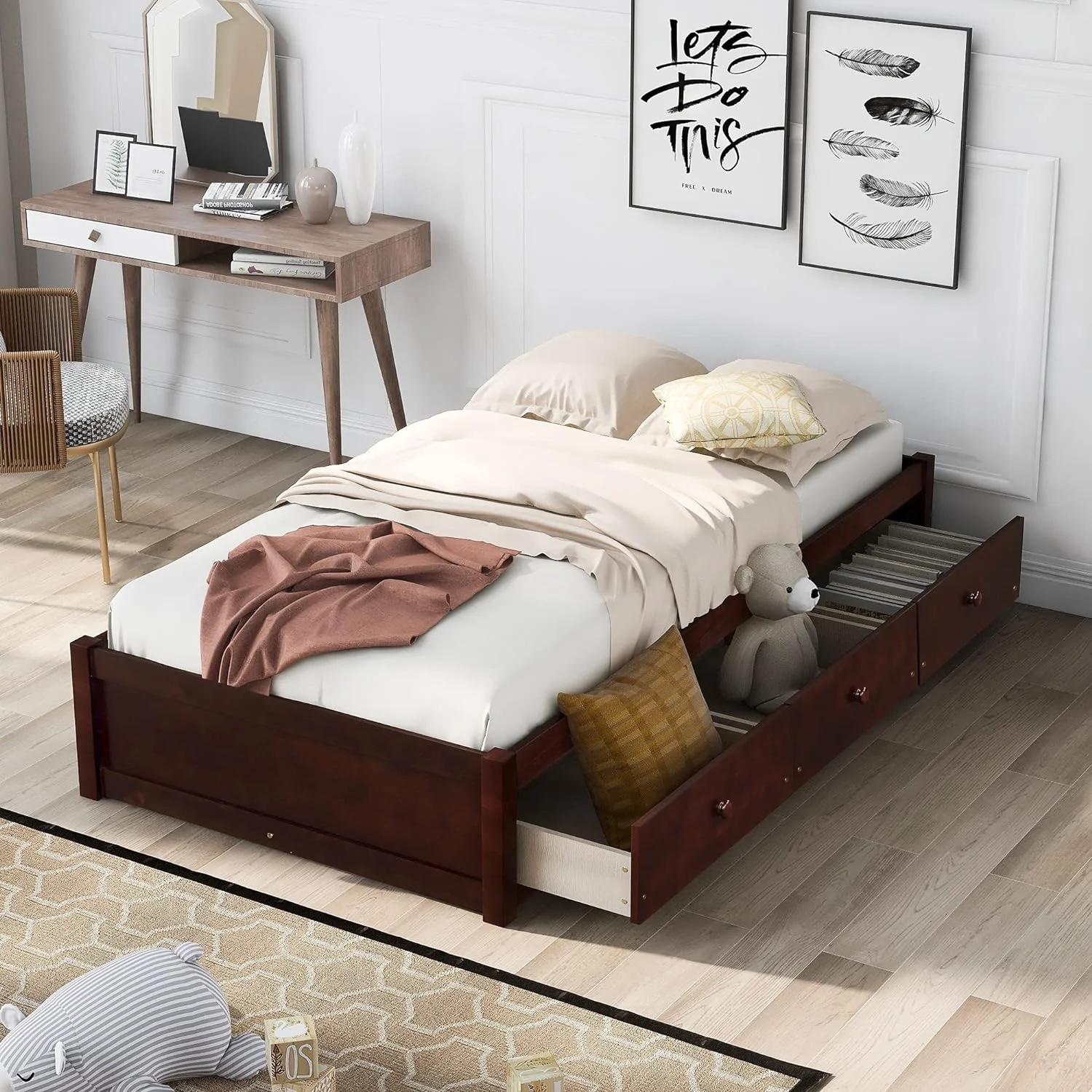 Storage Bed With 3 Drawers, Wood Platform Bed Frame With Storage Drawers, Bed Frame With Wood Slat Support, o Box Sprig eeded,Cherry