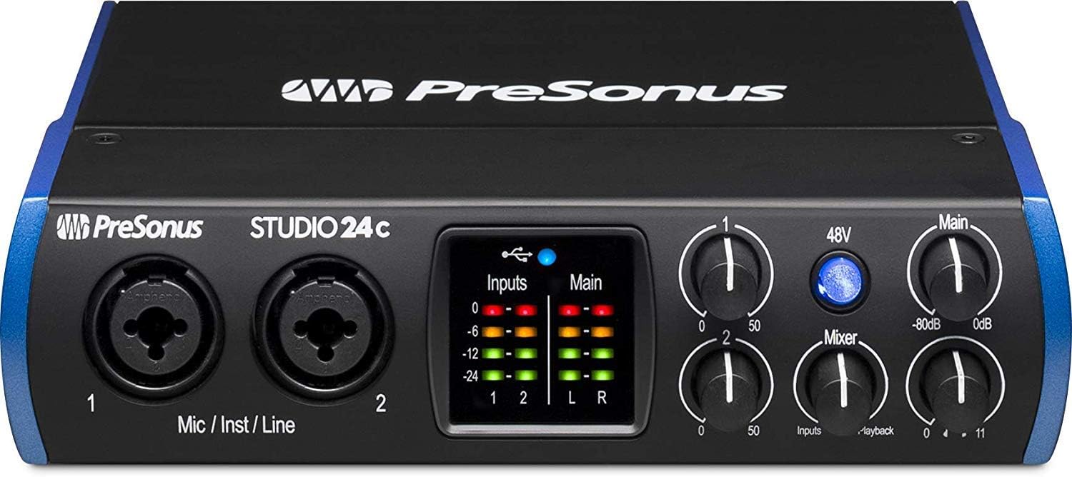 PreSonus Studio 24c 2x2 USB Type-C Audio/MIDI Interface and Studio One Artist Software kit with Condenser Microphone Shockmount, and XLR Cable